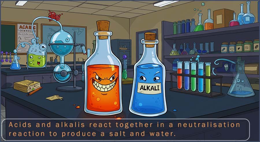 A bottle of acid and alkali on the bench in the chemistry lab